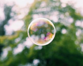 a close up of a soap bubble with trees in the background by Braedon McLeod courtesy of Unsplash.
