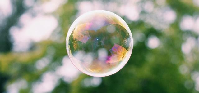 a close up of a soap bubble with trees in the background by Braedon McLeod courtesy of Unsplash.